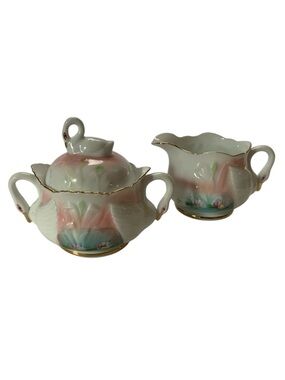 Occupied Japan Vintage Swan Lid Hand-Painted Porcelain Creamer and Sugar Set